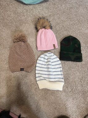 Mixed Beanie Bundle - Pink Pom, Tan Knit, Striped Cream, Camo